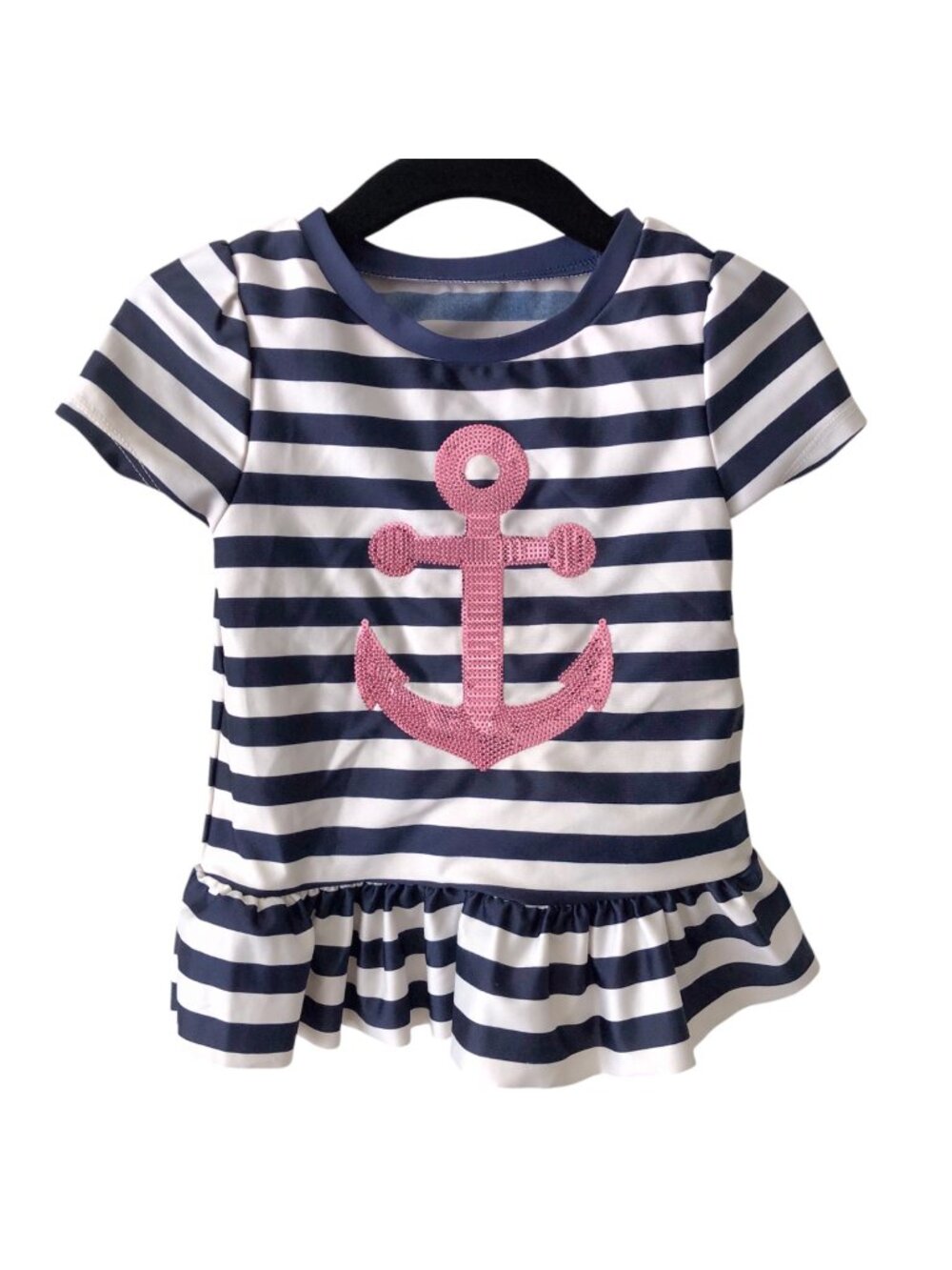 Girl's Cat & Jack Navy White Striped Pink Anchor Rhinestone Swim Top 2T